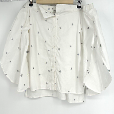 #ad Lucky Brand Off The Shoulder Top White Silver Star Embroidered Button Up Size M $15.00