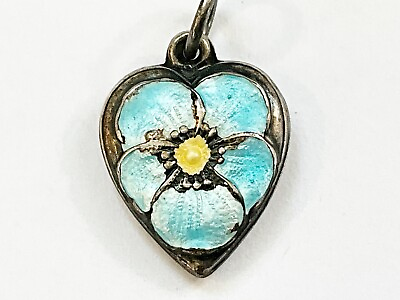 #ad Antique Vintage Sterling Heart Charm with Light Blue Enamel Pansy Flower $79.00