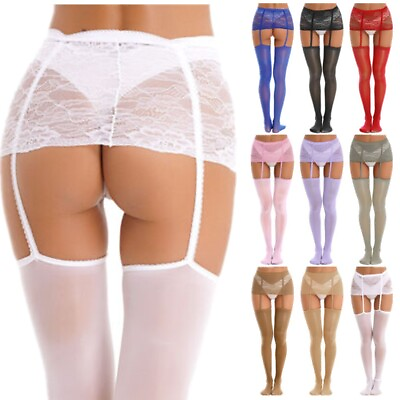 #ad US Women#x27;s Suspender Oil Thigh High Stockings Sexy Lace Garter Belt Pantyhose $9.39