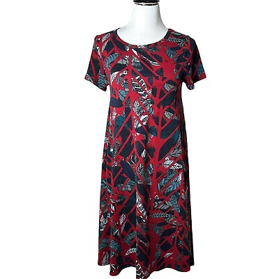 #ad LulaRoe Carly Dress Feather Print Hi Low Hem Red Swing Women#x27;s Size XXS $14.99