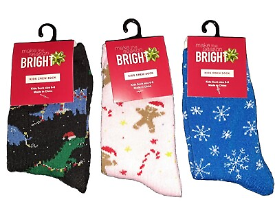 #ad Christmas Crew Socks Kids Sock Sz 6 8 3 Pairs Holiday Snow Gingerbread Dino NEW $7.99
