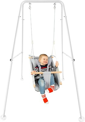 #ad CaTeam Canvas Kids Swing Gray Wooden Hanging Swing Seat Chair with Safety $134.99