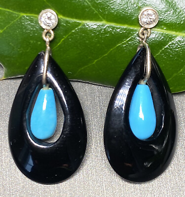 #ad 14K White Gold Earrings Diamond Blue Turquoise Cabochon Carved Onyx Teardrop $850.00