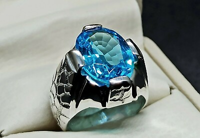#ad Oval Cut 10 Carat Fresh Blue Topaz Sterling Silver 925 Handmade Mens Carved Ring $125.00