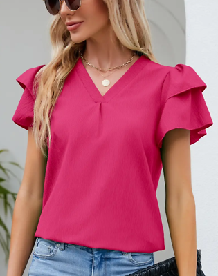 #ad Ruffle Trim Solid Women#x27;s Blouse Casual V Neck Layered Ruffle Sleeve $17.99