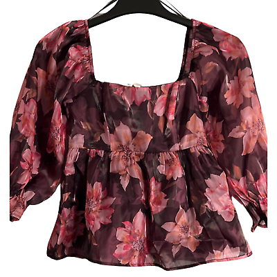 #ad Womens Blouse XS Floral Square Neck Off Shoulder Crop Top Junior NWT $19.85