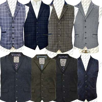 #ad Cavani Mens Waistcoat Wool Mix Cord Formal Vest Herringbone Tweed Check Party GBP 26.99