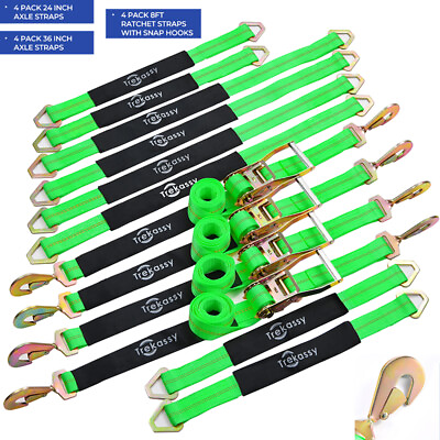 #ad 4 Pack Car Tie Down with Snap Hook Auto Hauler Ratchet Strap Kit amp; 8 Alxe Straps $98.36