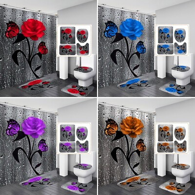 #ad Waterproof Fabric Bathroom Shower Curtain Set 3D Printed Flower Pattern w Hooks $15.79