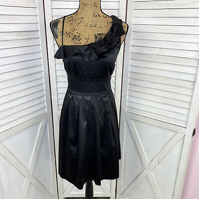 #ad Teeze Me Juniors Dress Womens 11 Satin Taffeta One Shoulder Rosettes Black $19.99