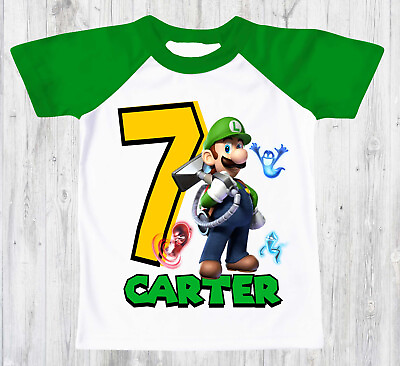 #ad Luigi Mansion Custom Birthday T shirt Raglan kids size 4 green sleeve $17.99