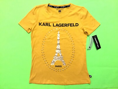 #ad KARL LAGERFELD Women’s Short Sleeve T Shirt Paris X SMALL Yellow w Gold $39.90