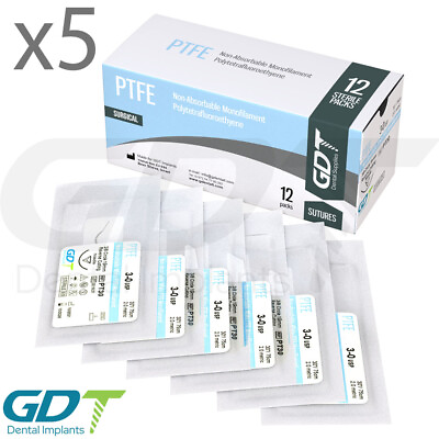 #ad 5 Synthetic Monofilament PTFE Sterile White Sutures 12pcs 19mm Reverse Cutting $422.50