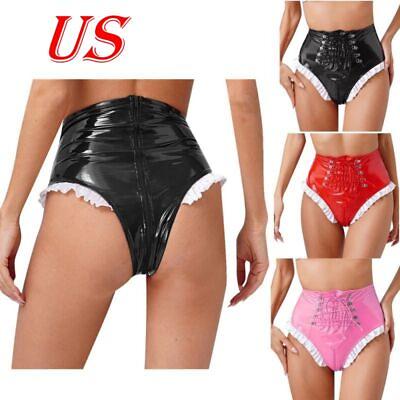 #ad US Women#x27;s High Waist Patent Leather Frilly Maid Lace up Zipper Crotch Underwear $11.95
