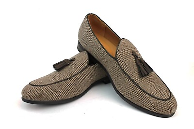 #ad Mens Slip On Loafers Tan Brown Houndstooth Plaid Dress Shoes Leather Tassel AZAR $49.00