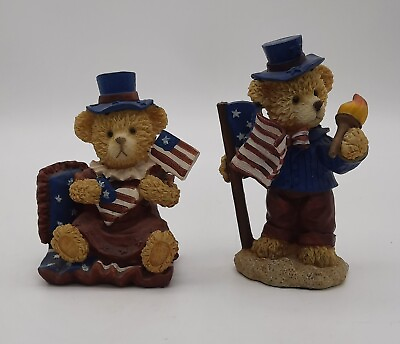 #ad Patriotic Teddy Bears USA Flag Red White Blue Heart Country Americana Figurines $12.59
