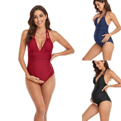 #ad Pregnant women multicolor sexy deep V backless solid color one piece swimsuit $15.96