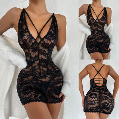 #ad Sexy Womens Lace Sheer Mesh Babydoll Nightdress Teddy Pajamas Sleepwear Robe Pjs $14.49