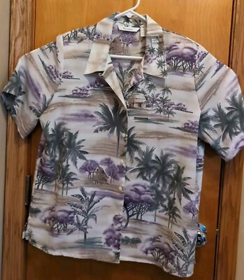 #ad TanJay VTG Top Button Womans Abstract Tropical Purple Olive Short Sleeve LG XL $28.88