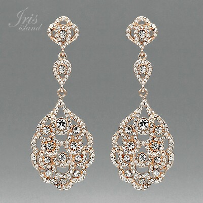#ad Women Wedding Drop Dangle Earrings Rose Gold Plated Clear Crystal Rhinestone 166 $13.99