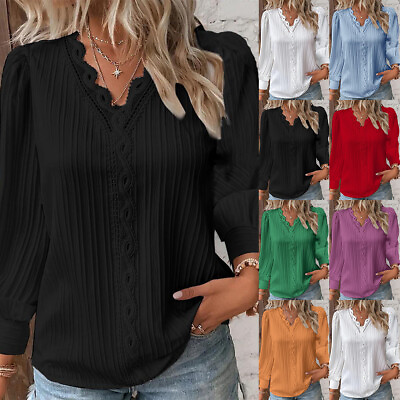 #ad Womens Lace V Neck T Shirt Blouse Tee Ladies Long Sleeve Tunic Tops Pullover US $21.19