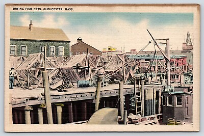 #ad Massachusetts Gloucester Drying Fish Nets Vintage Postcard $4.75