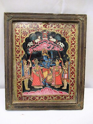 #ad Antique Glass Painting Krishna Lifting Govardhana Giri Mythological Story Rare $299.00