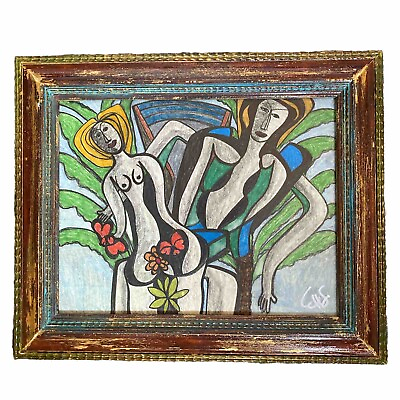 #ad MCM Abstract Expressionist Painting on Board 1960s Signed Framed Woman Man $99.00