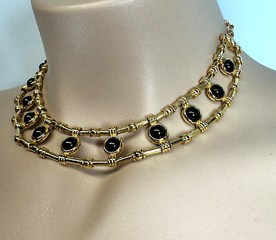 #ad Vintage Necklace Monet Egyptian Collar Black Cabochon Wide Hook Closure $56.00