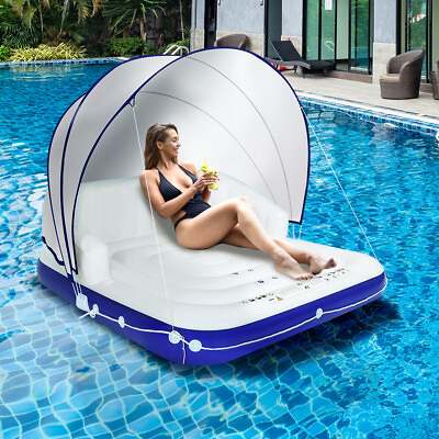 #ad 2 3 Person Inflatable Swimming Pool Float Lounge with Sun Shade Canopy Island $139.99