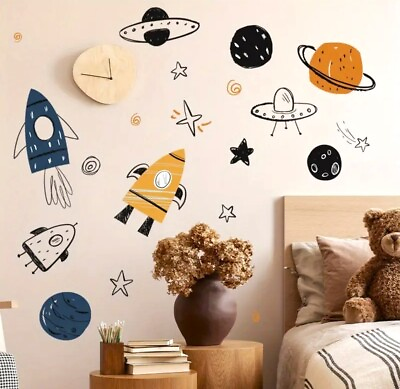 #ad Reusable Kid#x27;s Wall Decals Stickers Outer Space Planets Rocket Ships Astronauts $11.99