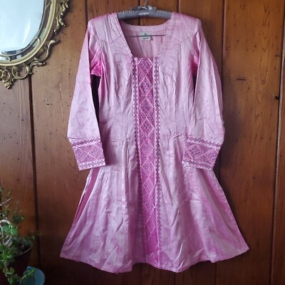 #ad FEMINIQUE TRADITIONAL XXS Tunic Dress PINK SILK KAFTAN Ethnic Embroidery Kurta $14.75