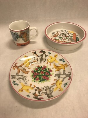 #ad Tiffany co Playground 3 piece childs set bowl cup plate 1992 bunnies kittens $139.99