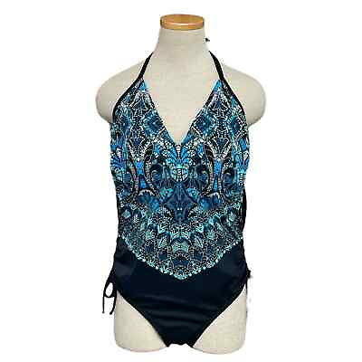 #ad Aqua Green Swimsuit Womens XL X Large Blue Black NWT Geometric Halter One Piece $27.55