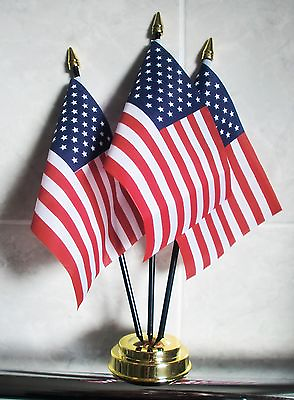 #ad USA TABLE FLAG SET 3 flags plus GOLDEN BASE UNITED STATES OF AMERICA AMERICAN GBP 7.49