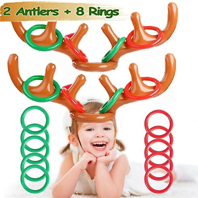 #ad 2PCS Christmas Party Toss Game Inflatable Reindeer Antler Hat with 8 Rings $9.89