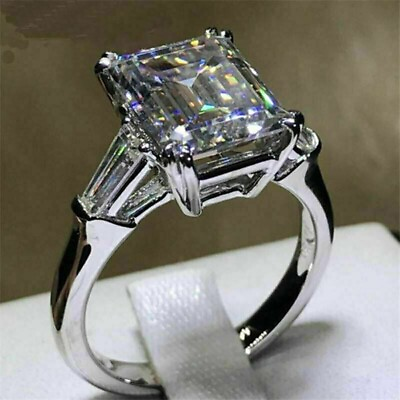 #ad 3 Ct Emerald Cut Moissanite Three Stone Engagement Ring In Solid 14K White Gold $373.83