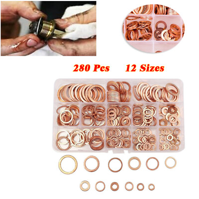 #ad 280pcs Box 12 Sizes Solid Copper Crush Washers Assorted Seal Flat Ring Hardware $23.39