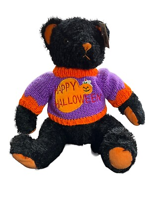 #ad Happy Halloween Black Teddy Bear Plush 15” Orange Ears amp; Nose Cuddly $18.99