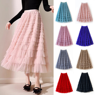 #ad Womens Elastic High Waist Mesh Tulle Tutu Skirt Layered Pleated Maxi Long Dress $5.87