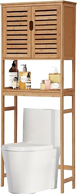 #ad Over The Toilet Bathroom Storage Cabinet Bamboo Organizer w Adjustable Shelves $79.99