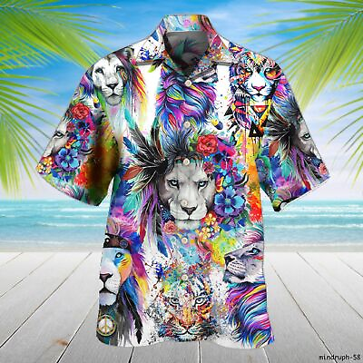#ad Beautiful Gift Colorful Lion Painting Short Sleeve Hawaiian Shirt For Men S 5XL $36.07