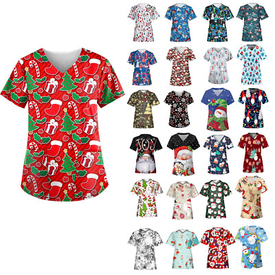 #ad Women Christmas Scrubs V Neck Top Work Uniform Casual Nurse Blouse T shirt $14.06