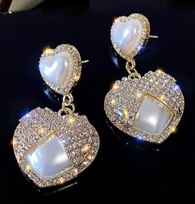 #ad Valentine#x27;s Day HEART Pearl Golden Rhinestone Betsey Johnson Dangle Earrings $13.98