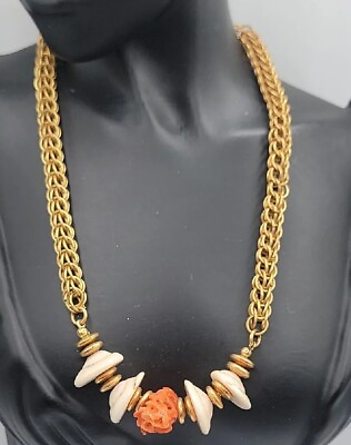 #ad Vintage Miriam Haskell Puka Shell Raw Coral Necklace 15quot; Gold Tone Wheat Chain $200.00