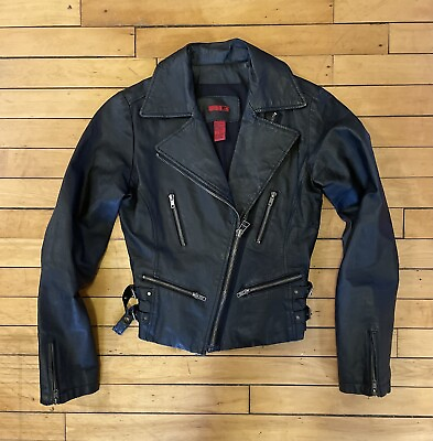 #ad Vintage 90s Womens Motorcycle Black Leather Jacket Biker Jacket Size Medium $75.00