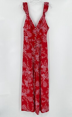 #ad Free People Be The One Womens Red Floral Sleeveless Wide Leg Jumpsuit Sz 10 $46.75