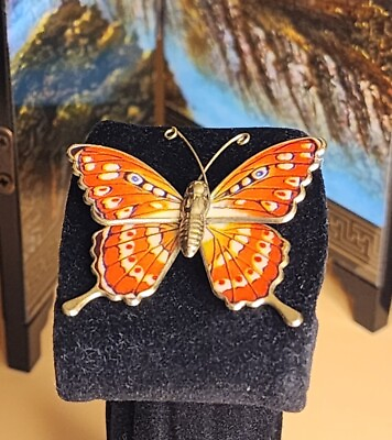 #ad #ad Vintage Gold Tone Brass Orange Enamel Butterfly Brooch Pin $14.00