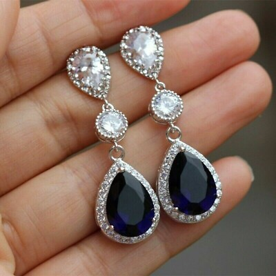 #ad White Gold 14k Over 3Ct Blue Pear Lab created Diamond Halo Dangling Earrings $117.72