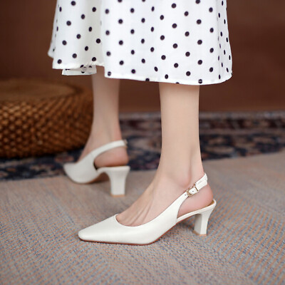 #ad Womens Kitten Heels Closed Toe Slingbacks Sandals Buckle Strap Faux Leather Shoe $69.51